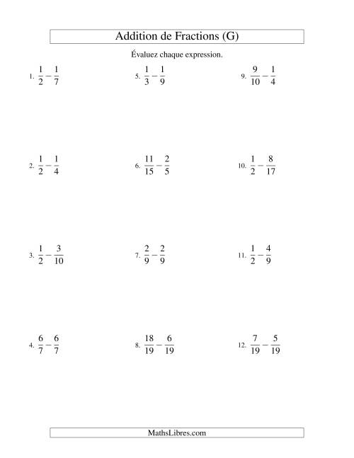 Soustraction de Fractions (Difficiles) (G)