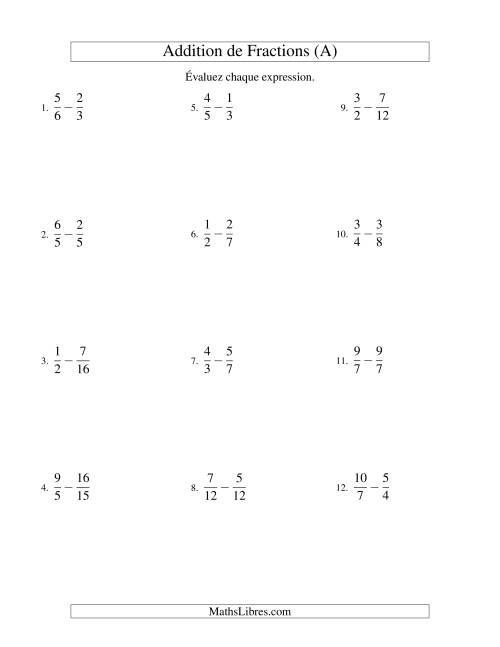 Soustraction de Fractions Impropres (Difficiles) (A)