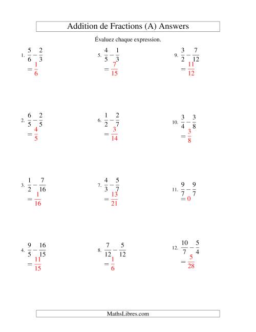 Soustraction de Fractions Impropres (Difficiles) (A) page 2