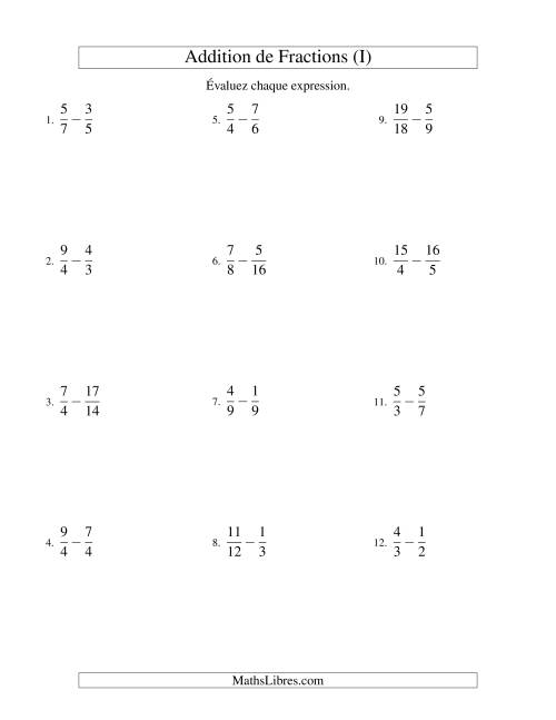 Soustraction de Fractions Impropres (Difficiles) (I)