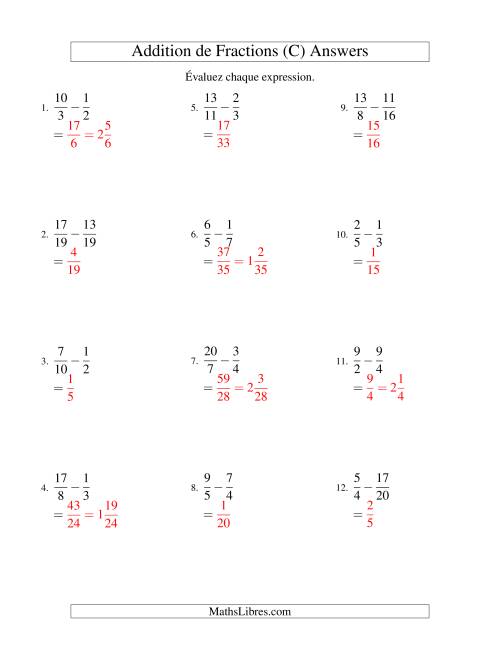Soustraction de Fractions Impropres (Difficiles) (C) page 2