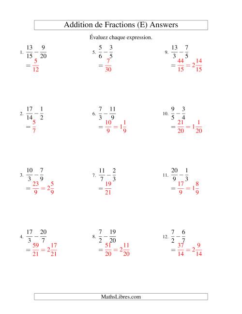 Soustraction de Fractions Impropres (Difficiles) (E) page 2