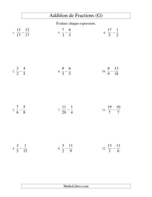 Soustraction de Fractions Impropres (Difficiles) (G)