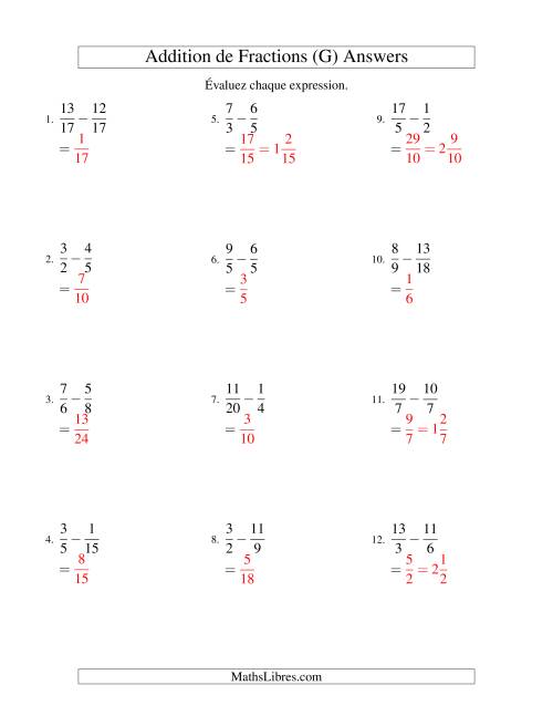 Soustraction de Fractions Impropres (Difficiles) (G) page 2
