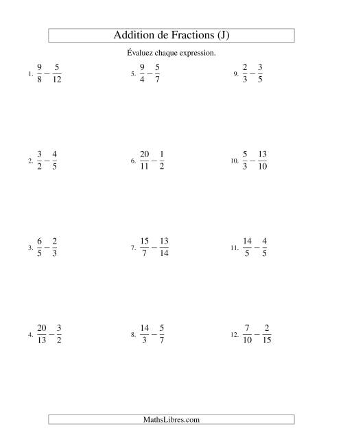 Soustraction de Fractions Impropres (Difficiles) (J)