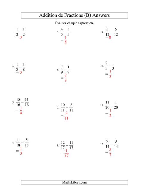 Soustraction de Fractions (B) page 2