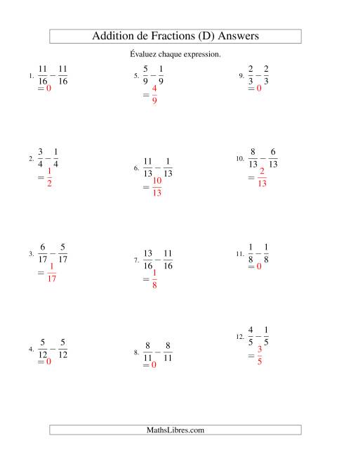 Soustraction de Fractions (D) page 2