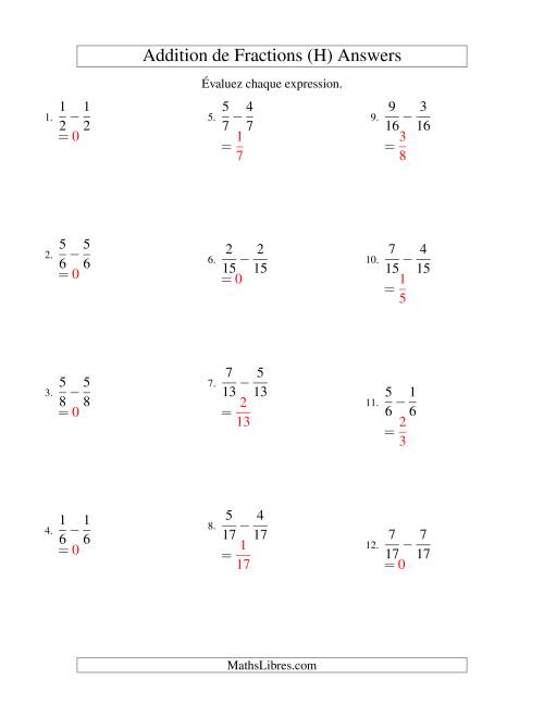 Soustraction de Fractions (H) page 2