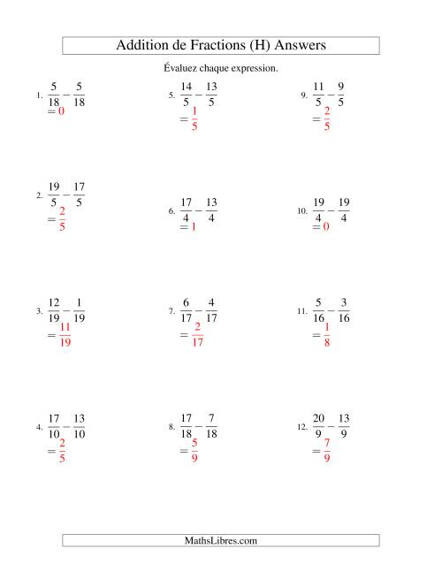 Soustraction de Fractions Impropres (H) page 2