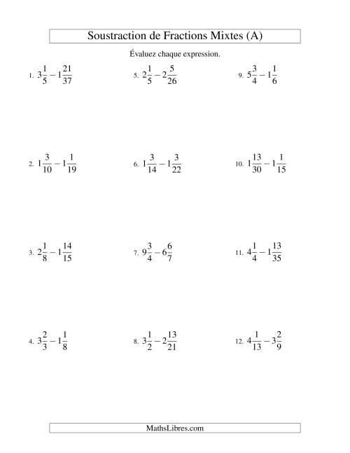 Soustraction de Fractions Mixtes (Difficiles) (A)