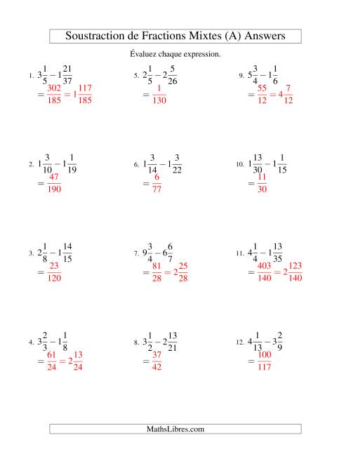 Soustraction de Fractions Mixtes (Difficiles) (A) page 2