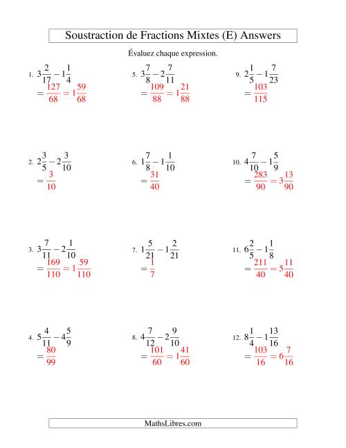 Soustraction de Fractions Mixtes (Difficiles) (E) page 2