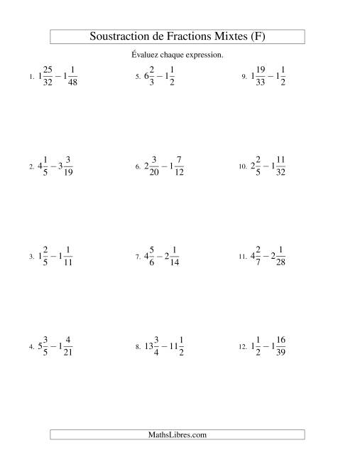 Soustraction de Fractions Mixtes (Difficiles) (F)