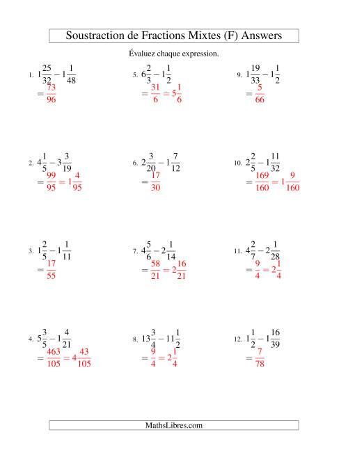 Soustraction de Fractions Mixtes (Difficiles) (F) page 2