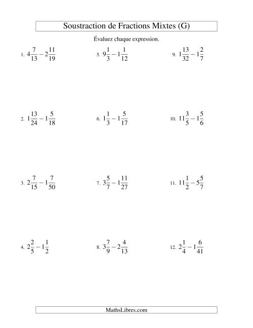 Soustraction de Fractions Mixtes (Difficiles) (G)