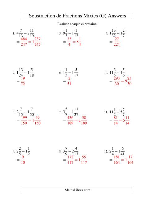 Soustraction de Fractions Mixtes (Difficiles) (G) page 2