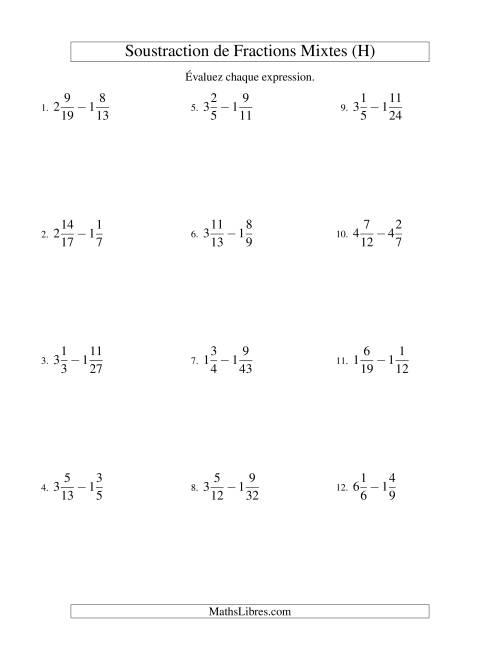 Soustraction de Fractions Mixtes (Difficiles) (H)