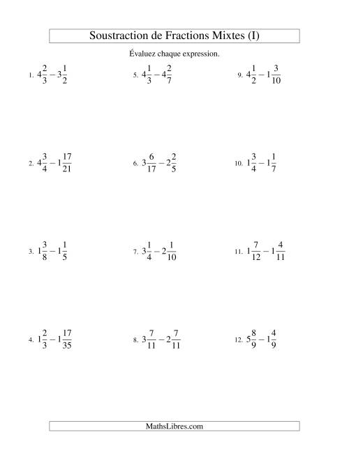 Soustraction de Fractions Mixtes (Difficiles) (I)