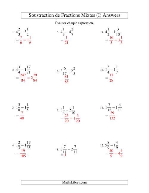 Soustraction de Fractions Mixtes (Difficiles) (I) page 2