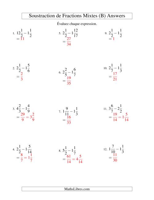 Soustraction de Fractions Mixtes (B) page 2