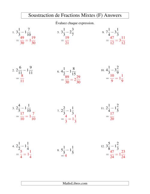 Soustraction de Fractions Mixtes (F) page 2