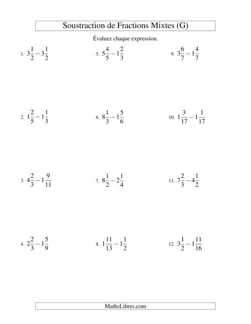 Soustraction de Fractions Mixtes (G)