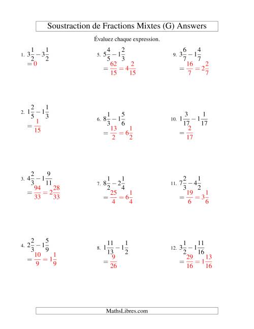 Soustraction de Fractions Mixtes (G) page 2