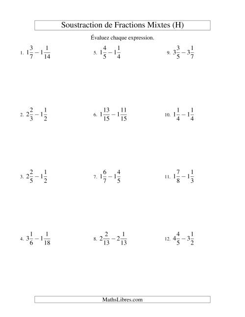 Soustraction de Fractions Mixtes (H)