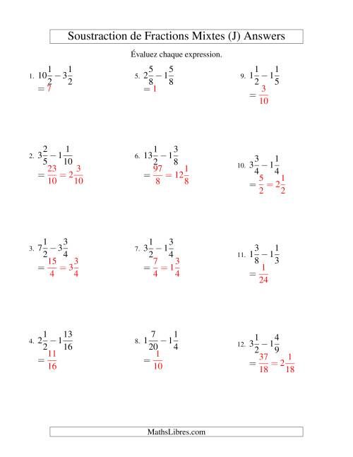 Soustraction de Fractions Mixtes (J) page 2
