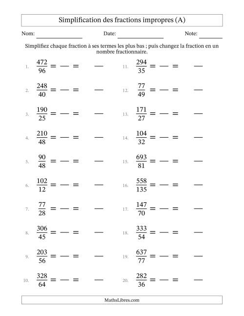 Simplifier fractions impropres à ses termes les plus bas (Questions difficiles) (A)