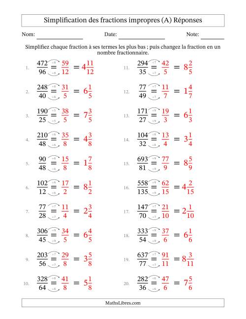 Simplifier fractions impropres à ses termes les plus bas (Questions difficiles) (A) page 2