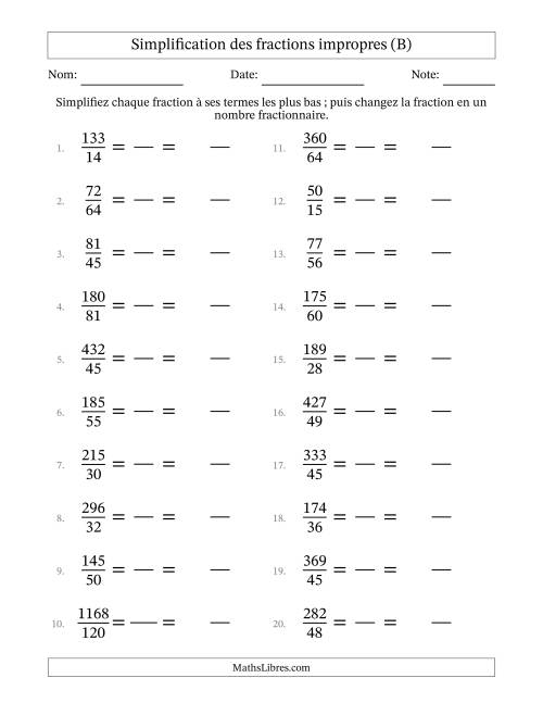 Simplifier fractions impropres à ses termes les plus bas (Questions difficiles) (B)