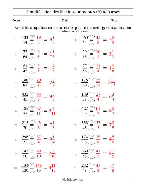 Simplifier fractions impropres à ses termes les plus bas (Questions difficiles) (B) page 2