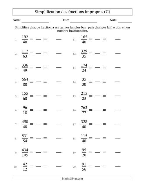 Simplifier fractions impropres à ses termes les plus bas (Questions difficiles) (C)
