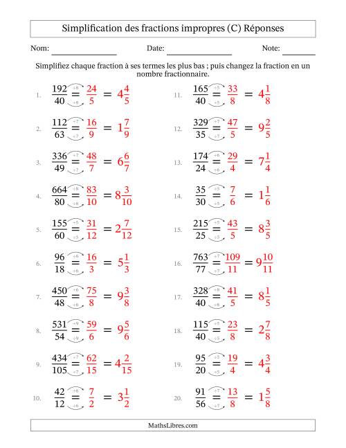 Simplifier fractions impropres à ses termes les plus bas (Questions difficiles) (C) page 2