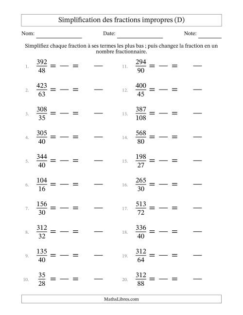Simplifier fractions impropres à ses termes les plus bas (Questions difficiles) (D)