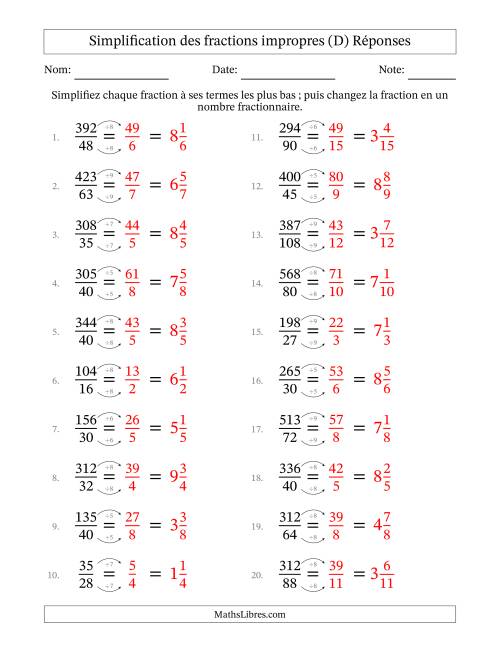 Simplifier fractions impropres à ses termes les plus bas (Questions difficiles) (D) page 2