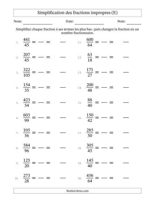 Simplifier fractions impropres à ses termes les plus bas (Questions difficiles) (E)