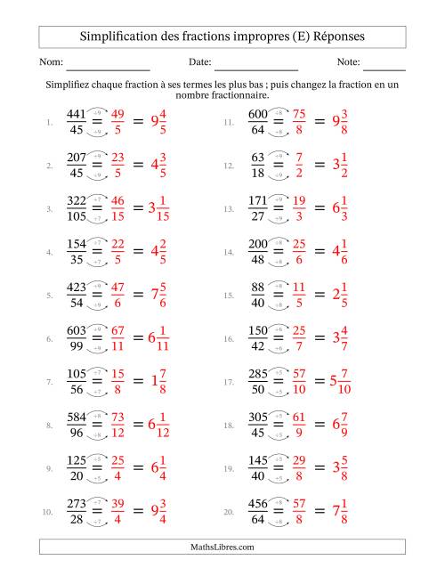 Simplifier fractions impropres à ses termes les plus bas (Questions difficiles) (E) page 2
