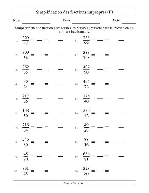Simplifier fractions impropres à ses termes les plus bas (Questions difficiles) (F)