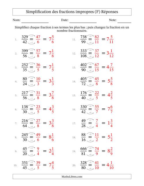 Simplifier fractions impropres à ses termes les plus bas (Questions difficiles) (F) page 2