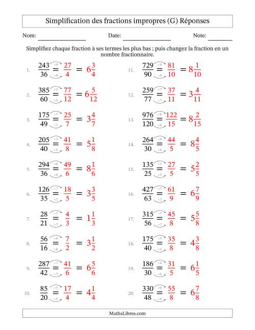 Simplifier fractions impropres à ses termes les plus bas (Questions difficiles) (G) page 2