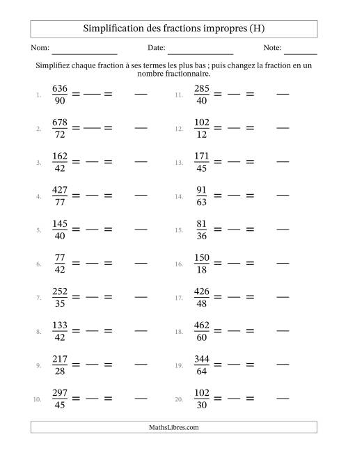Simplifier fractions impropres à ses termes les plus bas (Questions difficiles) (H)