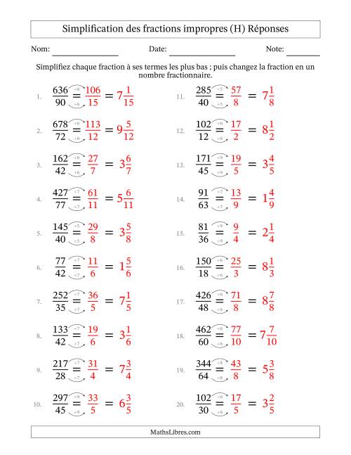 Simplifier fractions impropres à ses termes les plus bas (Questions difficiles) (H) page 2