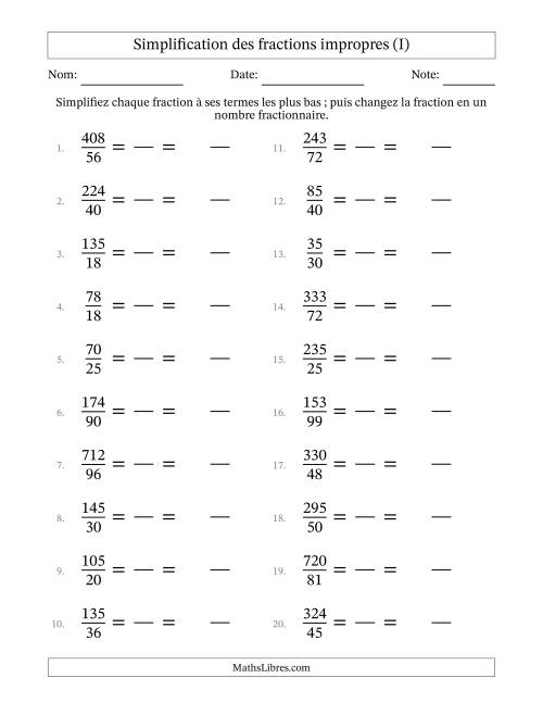 Simplifier fractions impropres à ses termes les plus bas (Questions difficiles) (I)