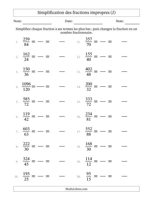 Simplifier fractions impropres à ses termes les plus bas (Questions difficiles) (J)