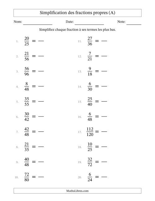 Simplifier fractions propres à ses termes les plus bas (Questions difficiles) (A)