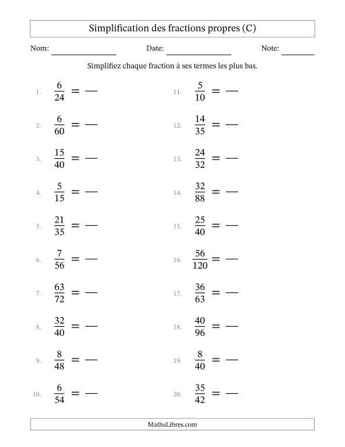 Simplifier fractions propres à ses termes les plus bas (Questions difficiles) (C)