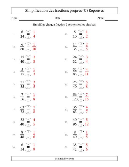 Simplifier fractions propres à ses termes les plus bas (Questions difficiles) (C) page 2