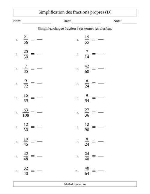 Simplifier fractions propres à ses termes les plus bas (Questions difficiles) (D)
